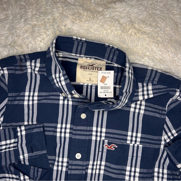 Hollister button down shirt white and blue plaid pattern size large brand new - Picture 3 of 5